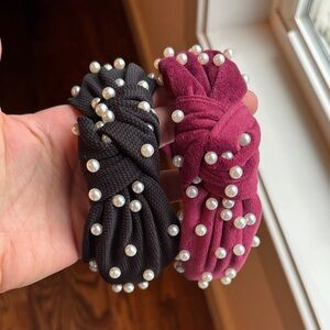 Pearl-Studded Knotted Headband - Black & Burgundy